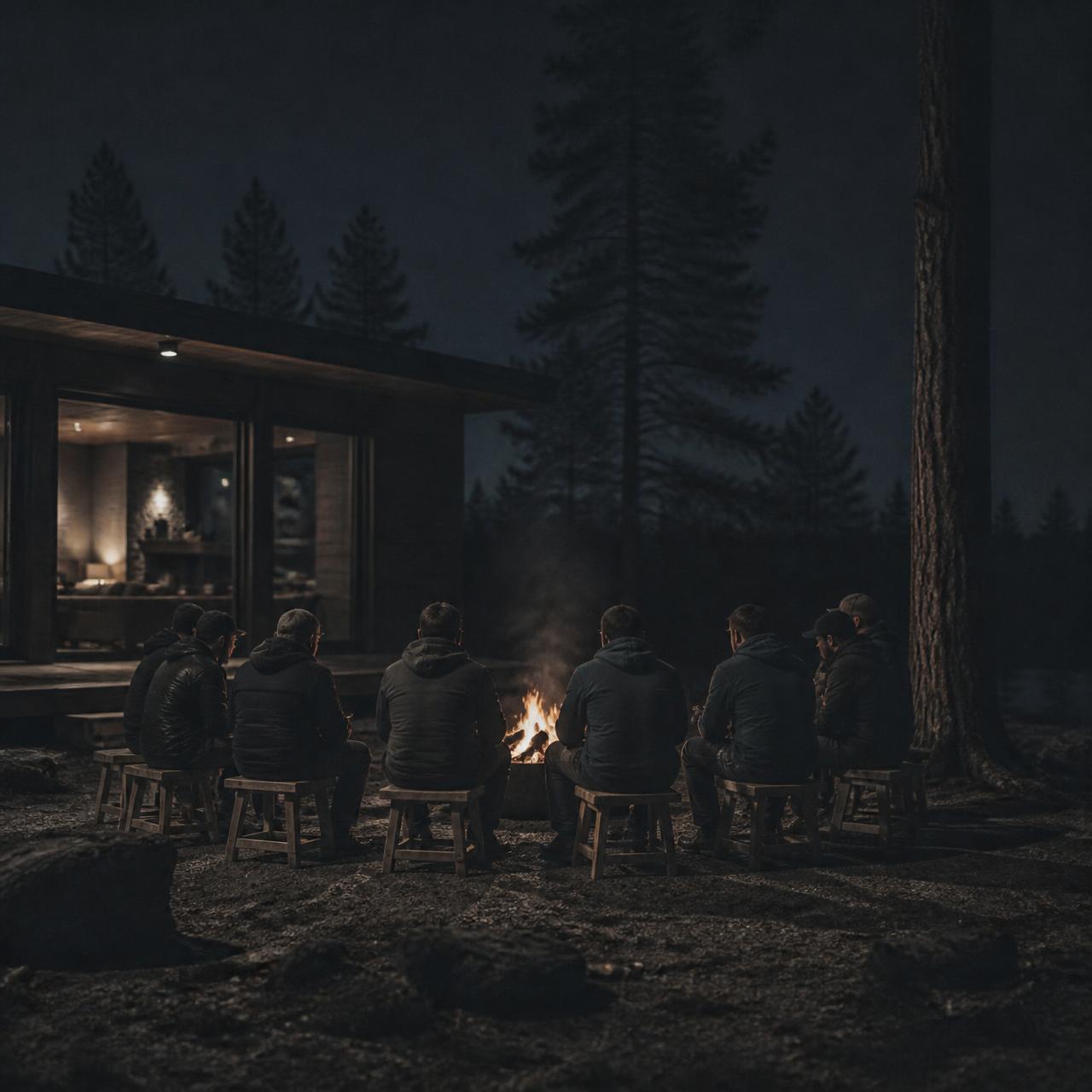 Gece, lodge'un önünde ateşin çevresinde oturan küçük bir grup
